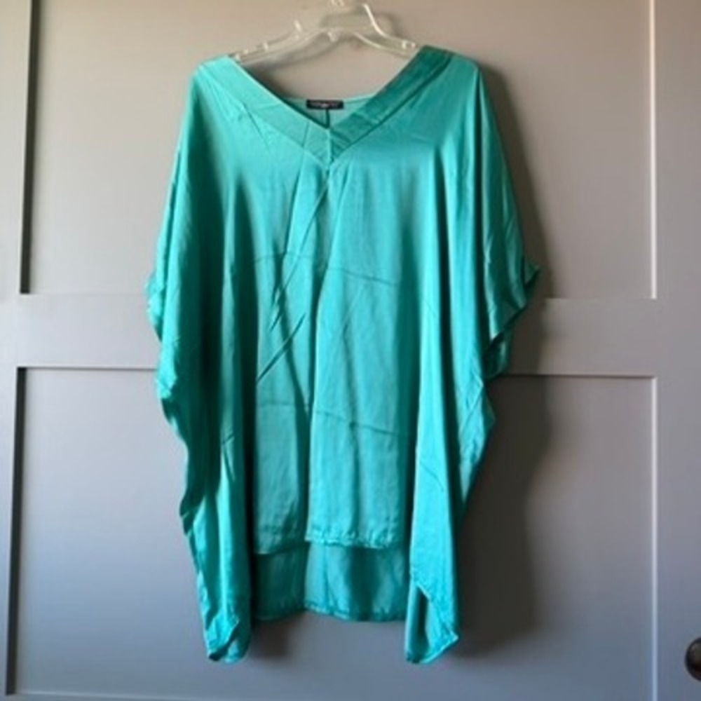 Made in Italy Womens OS Turquoise 100% Rayon Satin V Neck Dolman Tunic Lagenlook